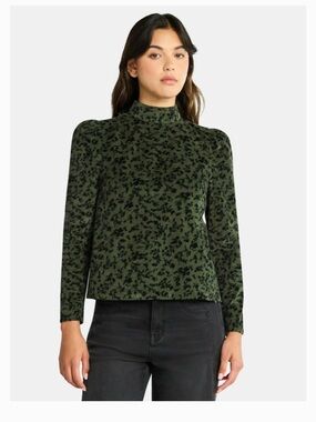 Time and Tru Olive Green Mock Neck Top with Black Print
